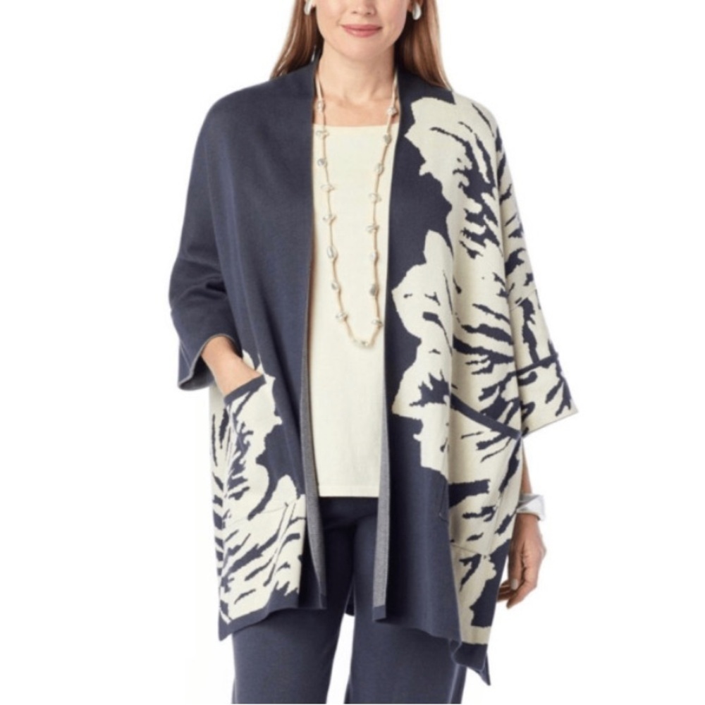 MarlaWynne Drama Abstract Floral Jacquard Cardigan Topper Navy Cream Sz P1X